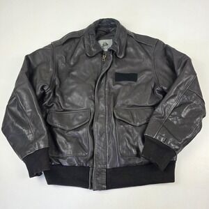 VTG 90s Burk's Bay Flight Jacket Mens Large Brown Leather Bomber Patch Pockets